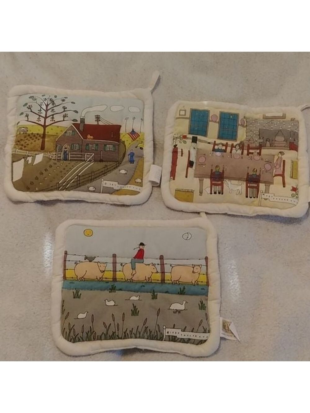 Set of 3 Vintage Taylor & NG Farm Scene Hot Pads 8x9 inches Rare!